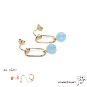 Boucles d'oreilles avec aigue marine et plaqué or 3MIC, pierre naturelle bleue, pendantes, création by Alicia