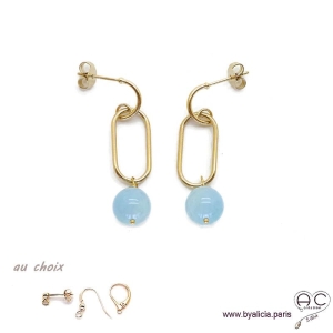 Boucles d'oreilles avec aigue marine et plaqué or 3MIC, pierre naturelle bleue, pendantes, création by Alicia