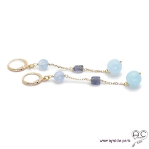 Boucles d'oreilles aigue marine, saphir d'eau, plaqué or 3MIC, pierre naturelle bleue, longues, pendantes, création by Alicia