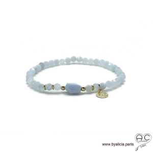 Bracelet aigue marine, pampille arbre de vie plaqué or 3MIC, pierre semi-précieuse bleu, élastique, création by Alicia