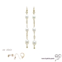 Boucles d\'oreilles perles de culture blanche sur une chaîne maillon rectangulaire en plaqué or 3MIC, longues, création by Alicia