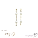 Boucles d\'oreilles perles de culture blanche, chaîne maillon rectangulaire en plaqué or 3MIC, pendantes, création by Alicia