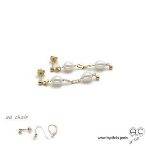 Boucles d'oreilles perles de culture blanche, chaîne maillon rectangulaire en plaqué or 3MIC, pendantes, création by Alicia