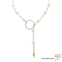 Sautoir-collier cravate, perles de culture blanche sur une chaîne finition anneau et toupie, plaqué or 3MIC, création by Alicia