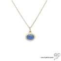 Collier pendentif avec tanzanite en cabochon, pierre naturelle bleu, ovale, plaqué or, ras de cou, femme