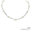 Collier avec perles de culture blanches parsemées sur une chaîne maillon rond en argent massif rhodié, création by Alicia