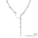Sautoir-collier cravate, perles de culture blanche sur une chaîne finition anneau et goutte, argent massif, création by Alicia