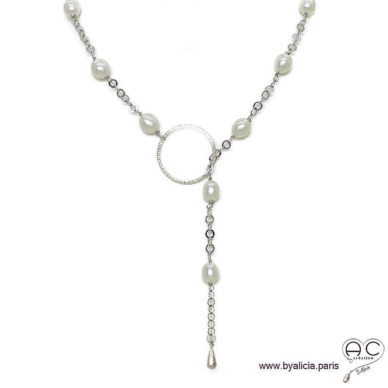 Sautoir-collier cravate, perles de culture blanche sur une chaîne finition anneau et goutte argent massif, création by Alicia