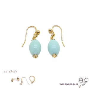 Boucles d'oreilles avec amazonite et plaqué or 3MIC, pierre naturelle bleue, pendantes courtes, création by Alicia