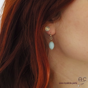 Boucles d'oreilles avec amazonite et plaqué or 3MIC, pierre naturelle bleue, pendantes courtes, création by Alicia