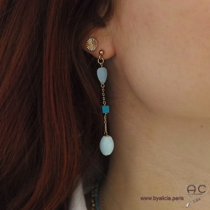 Boucles d'oreilles amazonite et turquoise véritable en plaqué or 3MIC, pierre naturelle, longues, pendantes, création by Alicia