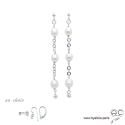 Boucles d\'oreilles perles de culture blanche sur une chaîne maillon rond en argent massif rhodié, longues, création by Alicia