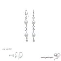 Boucles d\'oreilles perles de culture blanche, chaîne maillon rond en argent massif rhodié, pendantes, création by Alicia