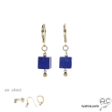 Boucles d\'oreilles avec lapis-lazuli cube et plaqué or 3MIC, pierre naturelle bleue, pendantes, création by Alicia