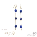 Boucles d\'oreilles lapis-lazuli en plaqué or 3MIC, pierre naturelle bleue, longues, pendantes, création by Alicia