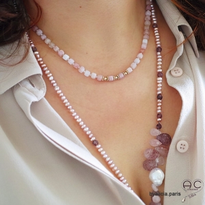 Sautoir perles d'eau douce rose et pierres semi-précieuses, strawberry quartz, tourmaline, création by Alicia