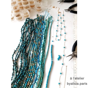 Chrysocolle et amazonite, pierres semi-précieuses vert-bleu, atelier bijoux sur mesure, création by Alicia