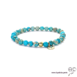 Bracelet avec jaspe impérial bleu et médaille martelé en plaqué or, pierres semi-précieuses, création by Alicia 