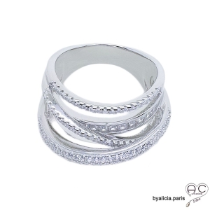 Bague joaillerie avec multiples anneaux croisés en argent massif rhodié serti de zirconiums brillants