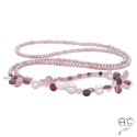 Sautoir perles d\'eau douce roses, perles baroques et pierres semi-précieuses, strawberry quartz, tourmaline, création by Alicia