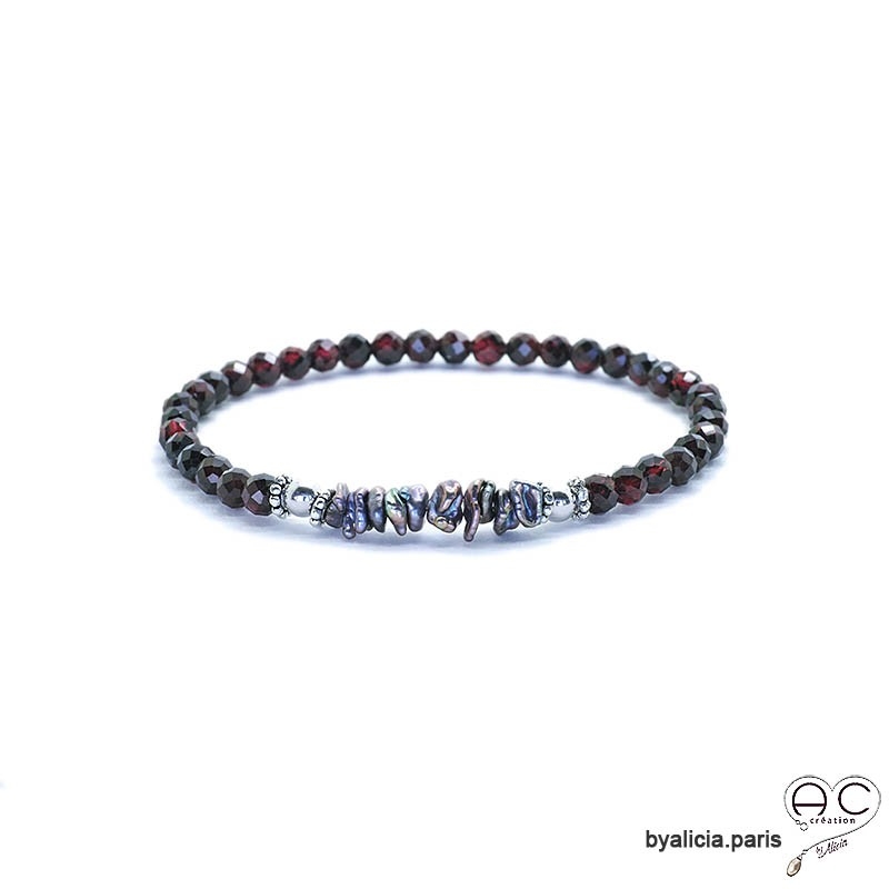 Bracelet grenat et perles keshi grises, pierre semi-précieuse, argent massif, élastique, création by Alicia