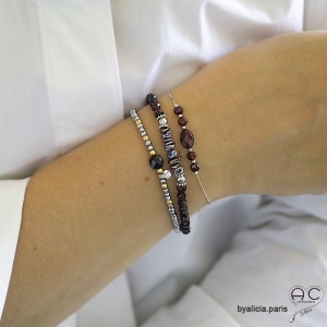 Bracelet grenat et perles keshi grises, pierre semi-précieuse, argent massif, élastique, création by Alicia