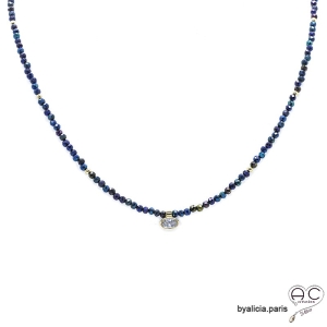 Collier hématite bleue et zirconium brillant, pierres naturelles, plaqué or, ras de cou fin, fait main, création by Alicia 