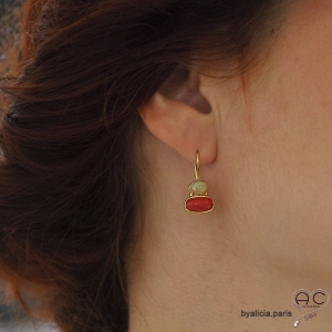 Boucles d'oreilles avec corail véritable et opale, argent massif doré à l'or fin 18K, pendantes, femme 