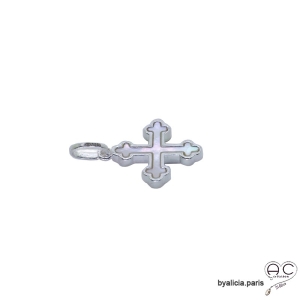 Pendentif croix en nacre et argent 925 rhodié, sertie clos, tendance, bohème