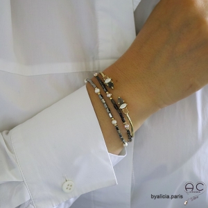Bracelet en hématites argent et perles d'eau douce blanches, pierre naturelle, création by Alicia