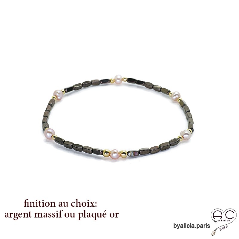 Bracelet en hématites bronze et perles d'eau douce roses, pierre naturelle, création by Alicia