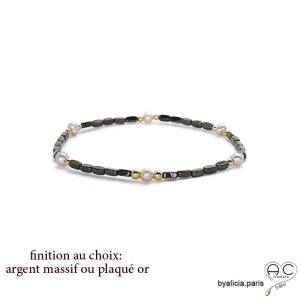 Bracelet en hématites bronze et perles d'eau douce roses, pierre naturelle, création by Alicia