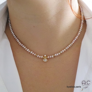 Collier en perles de culture d'eau douce roses et zirconium brillant, plaqué or 3MIC, ras de cou, création by Alicia 