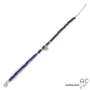 Bracelet en hématite bleue avec pampille médaille, pierre naturelle, plaqué or 3MIC bohème, création by Alicia
