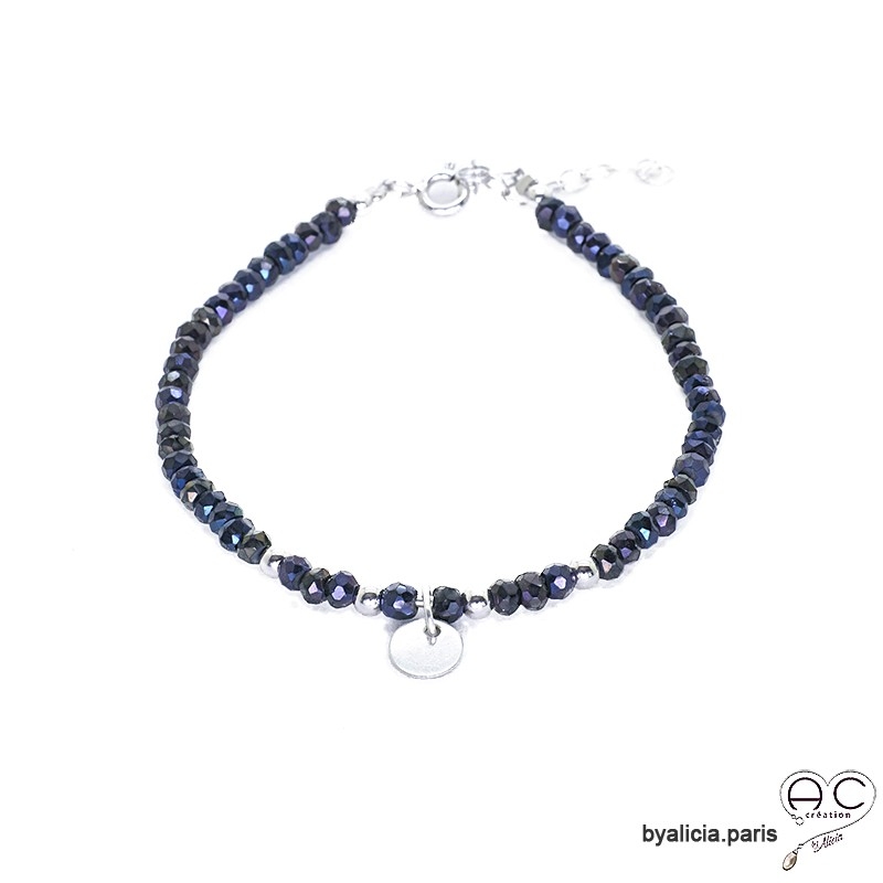 Bracelet en hématite bleue avec pampille médaille, pierre naturelle, argent massif, bohème, création by Alicia