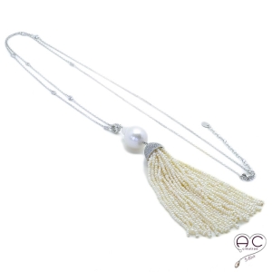 Sautoir pompon perles de culture d'eau douce avec la corolle serti pavé zirconium blanc, perle baroque, chaîne argent 925 rhodié