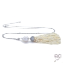 Sautoir pompon perles de culture d\'eau douce avec la corolle serti pavé zirconium blanc, perle baroque, chaîne argent 925 rhodié