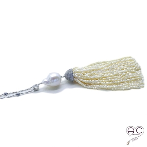 Sautoir pompon perles de culture d'eau douce avec la corolle serti pavé zirconium blanc, perle baroque, chaîne argent 925 rhodié
