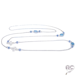 Sautoir calcédoine bleu et célestine, pierres fines et trèfle ajouré sur une chaîne en argent 925 rhodié, création by Alicia