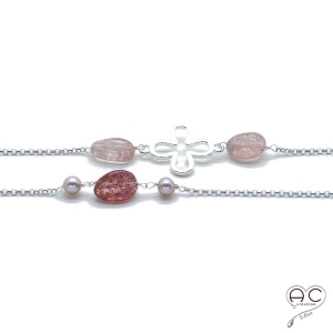 Sautoir perle d'eau douce rose et strawberry quartz sur une chaîne en argent 925 rhodié, pierres fines, création by Alicia