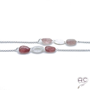 Sautoir pierre semi-précieuse strawberry quartz et pastilles argent sur une chaîne en argent 925 rhodié, création by Alicia 