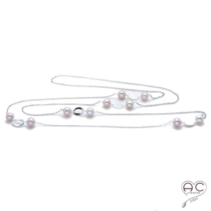 Sautoir perles d'eau douce roses et pastilles argent sur une chaîne argent 925 rhodié, création by Alicia