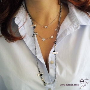Sautoir perles baroques, méli-mélo de pierres naturelles noir, gris et hématite argentée, création by Alicia 