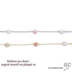 Collier, sautoir avec opale rose en cube facetté parsemée sur une chaîne fine en plaqué or ou en argent, création by Alicia