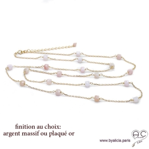 Collier, sautoir avec opale rose en cube facetté parsemée sur une chaîne fine en plaqué or ou en argent, création by Alicia