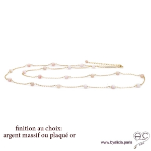 Collier, sautoir avec opale rose en cube facetté parsemée sur une chaîne fine en plaqué or ou en argent, création by Alicia