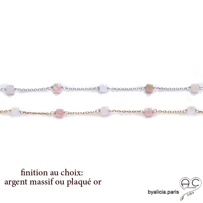 Bracelet avec opale rose en cube facetté parsemée sur une chaîne fine plaqué or ou argent , création by Alicia