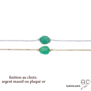 Bracelet avec chrysoprase sur une chaîne fine plaqué or ou argent massif, pierre naturelle verte, création by Alicia
