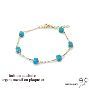 Bracelet avec turquoise d'Arizona en cube parsemée sur une chaîne fine plaqué or ou argent, pierre naturelle, création by Alicia