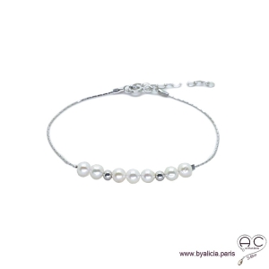 Bracelet fin avec perles de culture d'eau douce sur une chaîne en argent 925 rhodié, pierre naturelle, création by Alicia